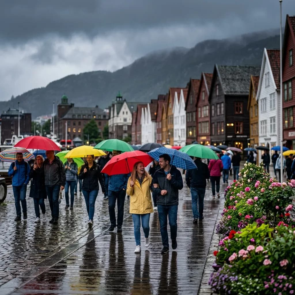 Rainy morning in Bergen with pedestrians using umbrellas.