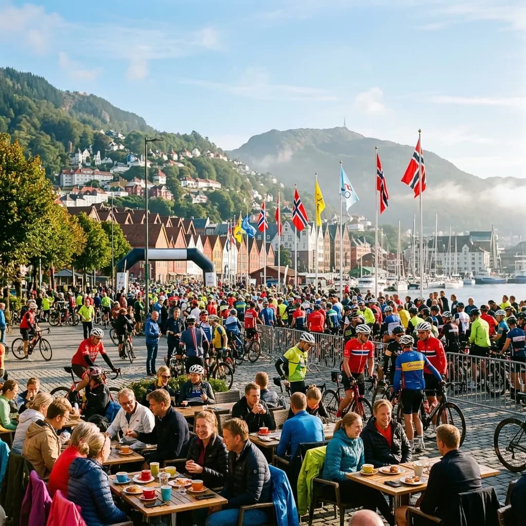 Crowd of cyclists gathering at Edvard Grieg's square in Bergen under a clear blue sky.