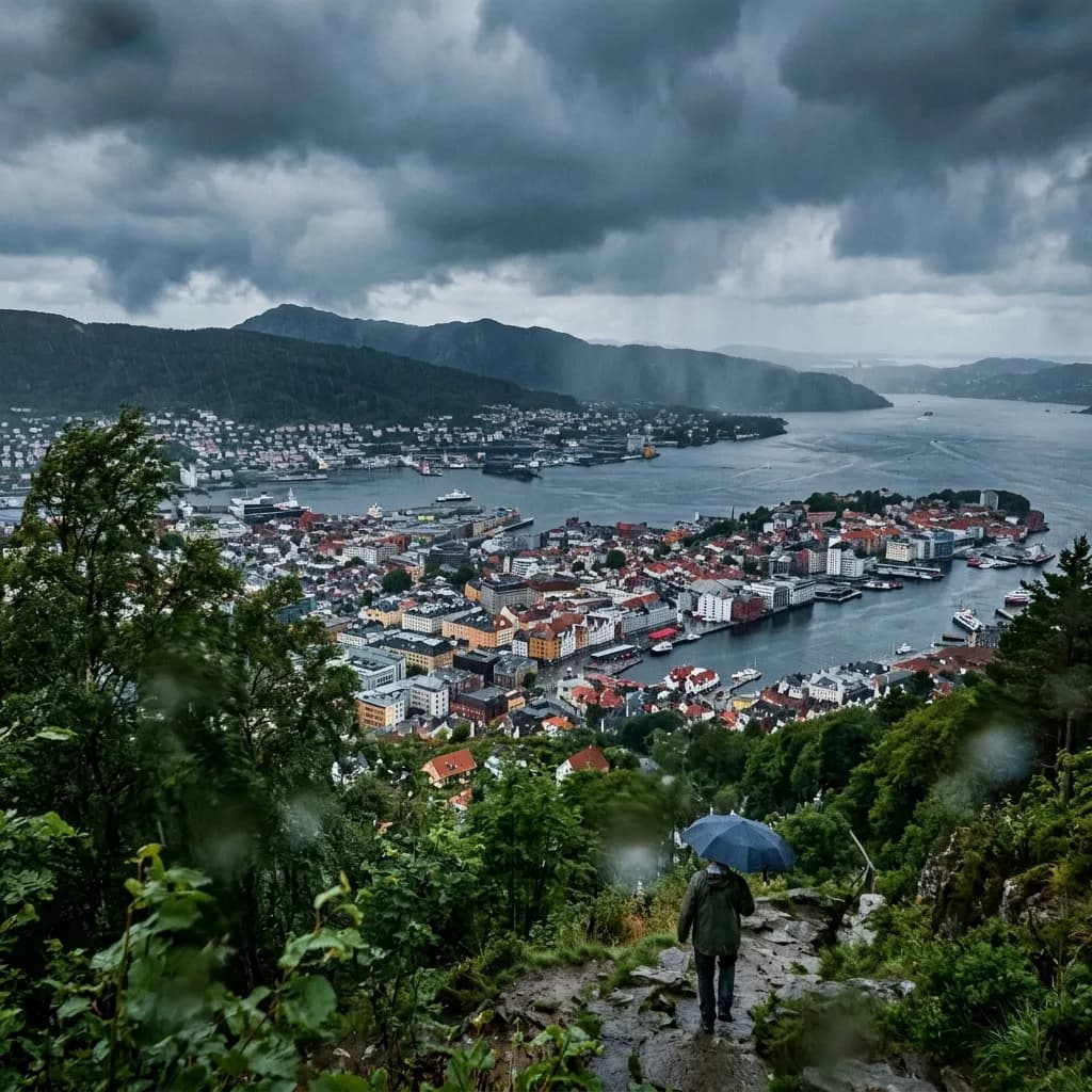 A wide view of Bergen showing colorful houses under an overcast sky with rain beginning to fall.
